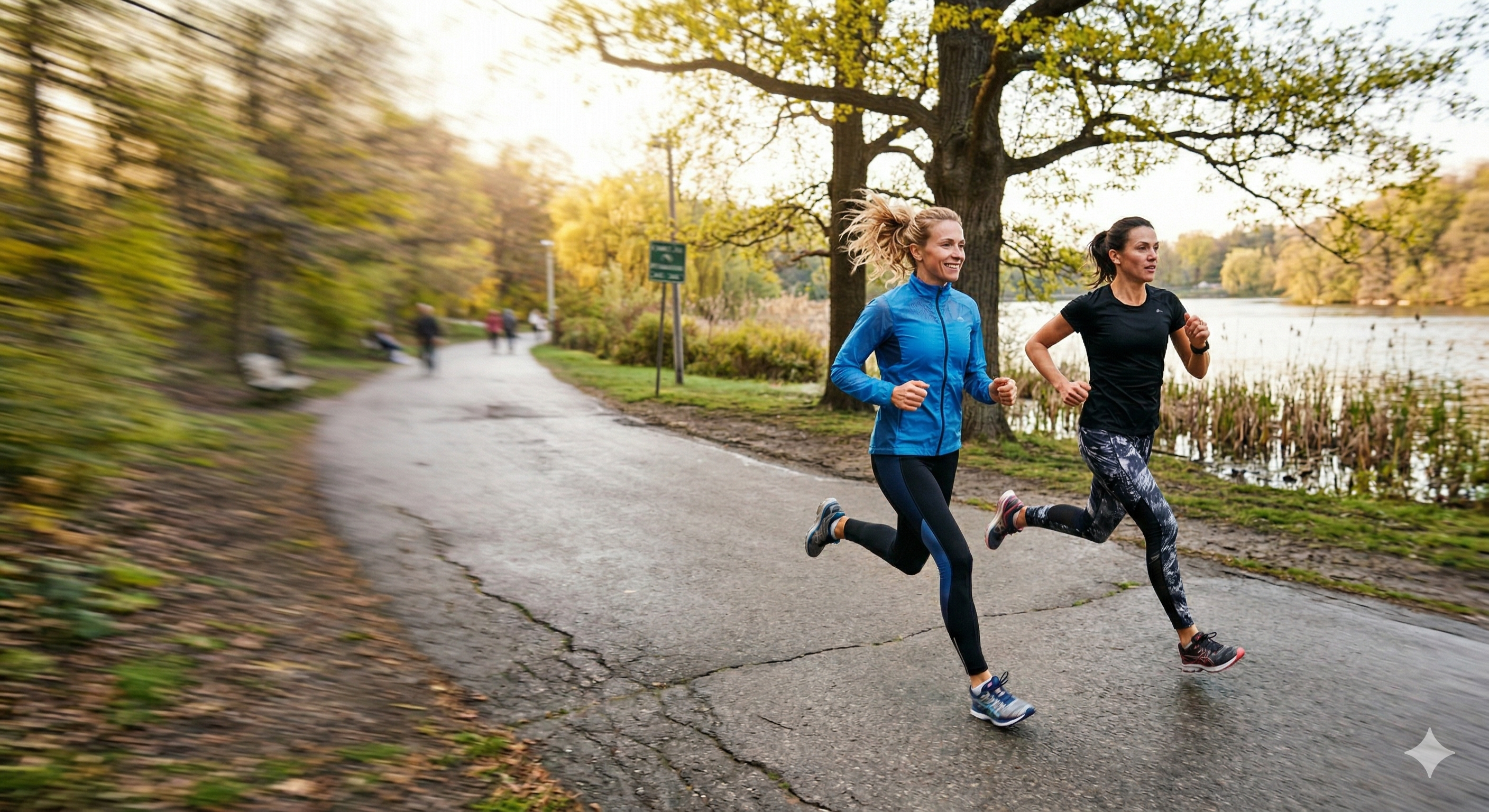 Two runners training together by the lake